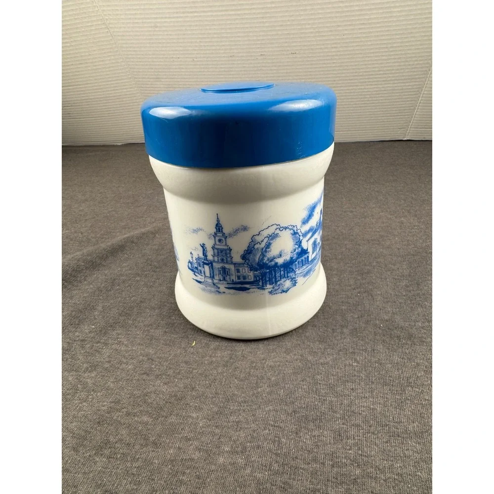 Vintage Blue White‎ Ceramic Canister Pot Holder with Scenic Landscape Design